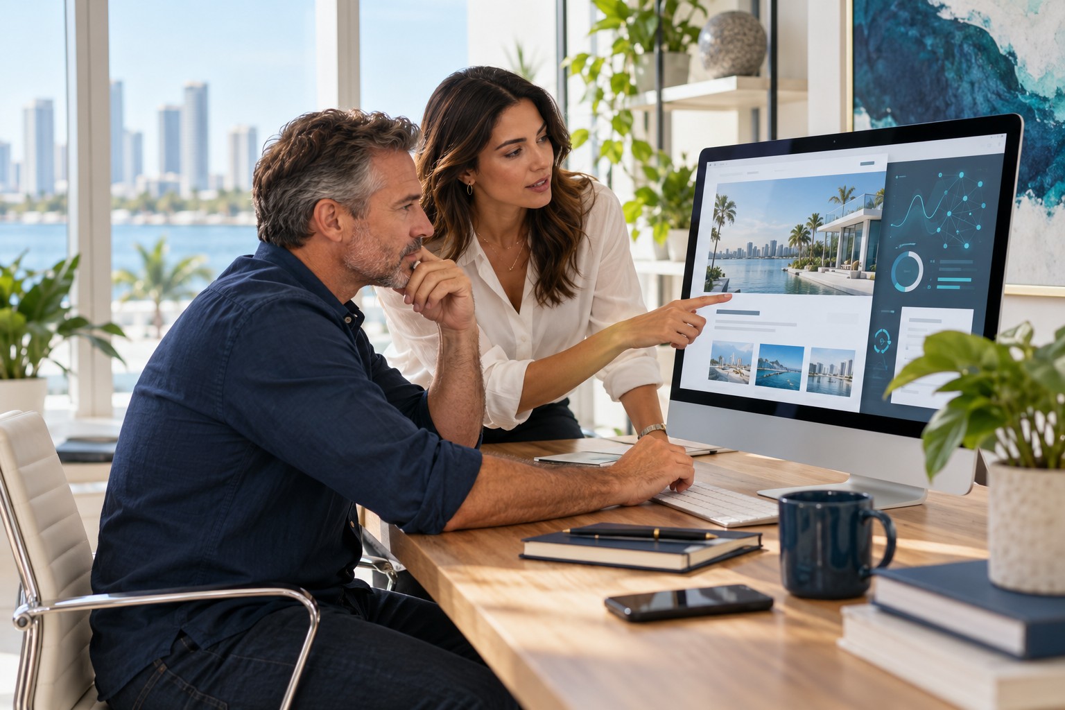 Business owner and web strategist reviewing an AI-assisted website build