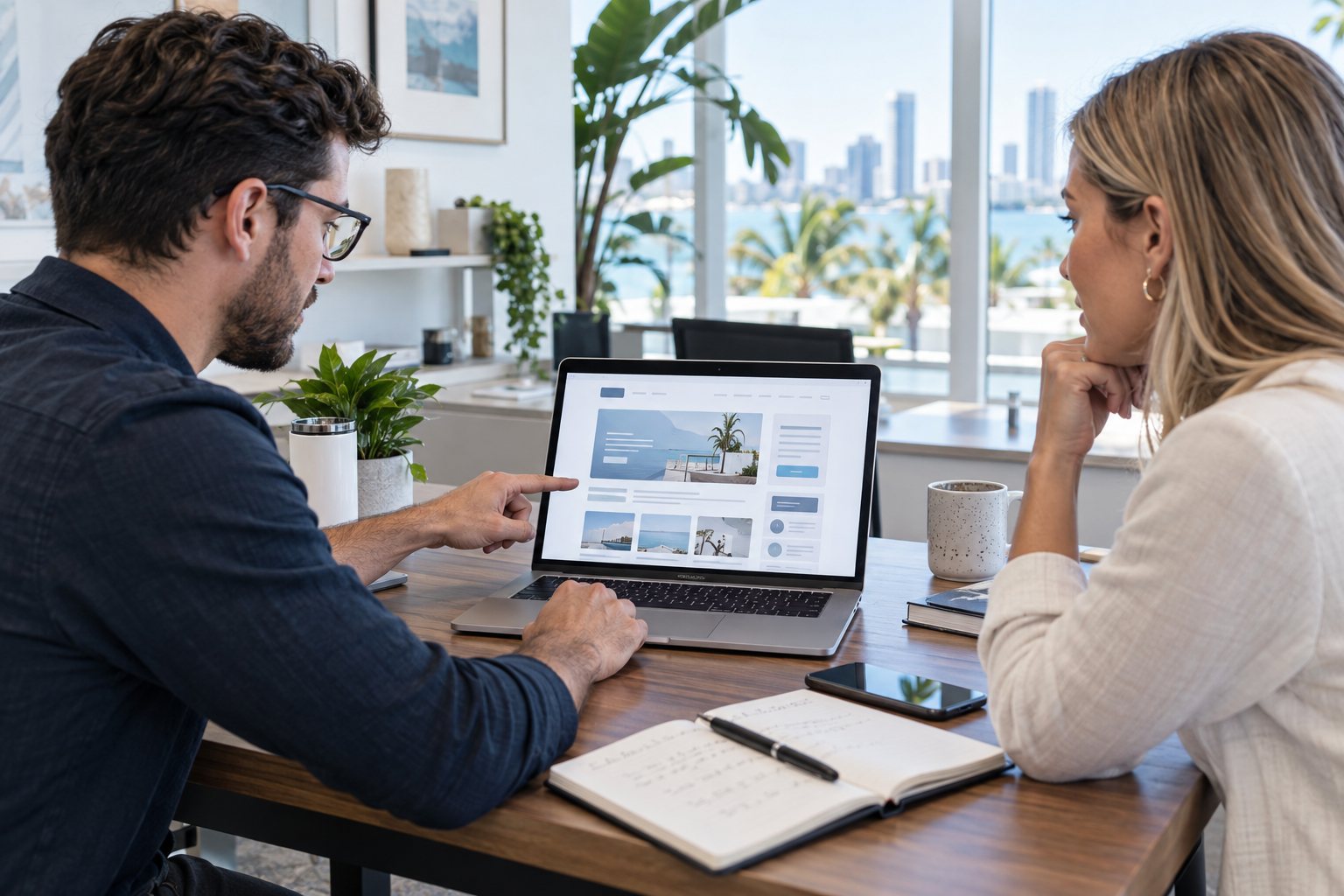 Web professional reviewing an AI-assisted WordPress website with a small-business owner