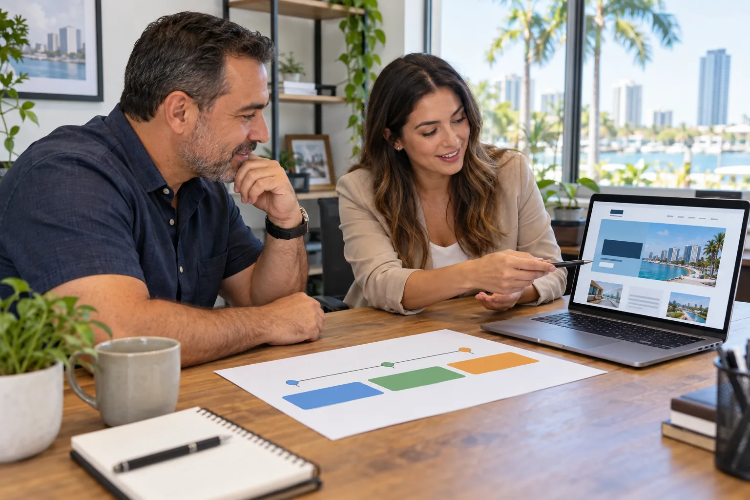 Broward business owner and web designer planning a phased website and marketing project