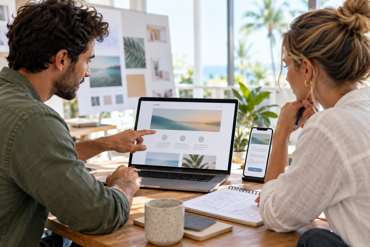 Business owner and web designer reviewing a website page plan and project scope