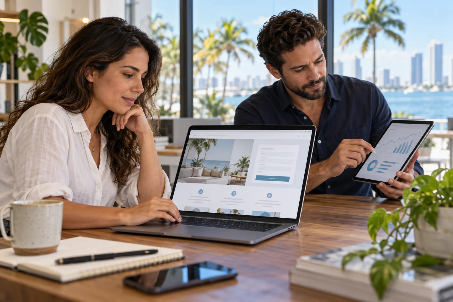 Business owner checking a service page and campaign measurement setup before launch