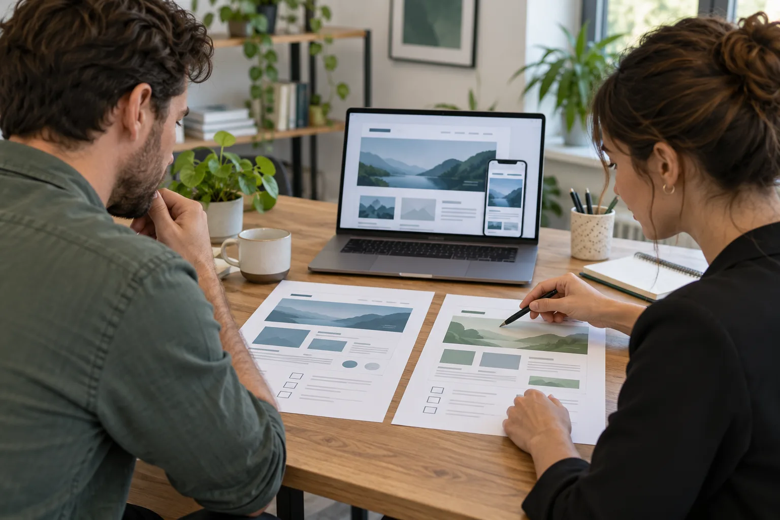 Small business owner and web designer comparing website proposal layouts
