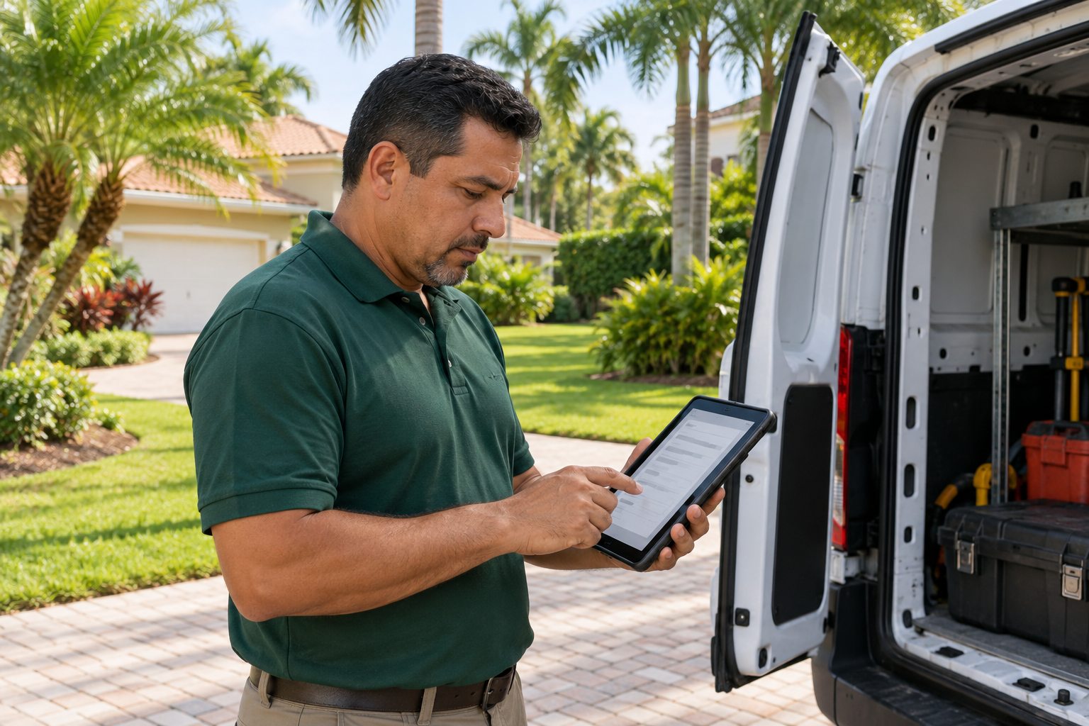 Lawn-care business owner reviewing a tablet beside an unbranded work van