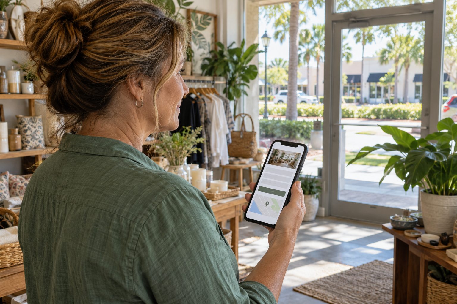 Shop owner checking a mobile website and map beside the store entrance
