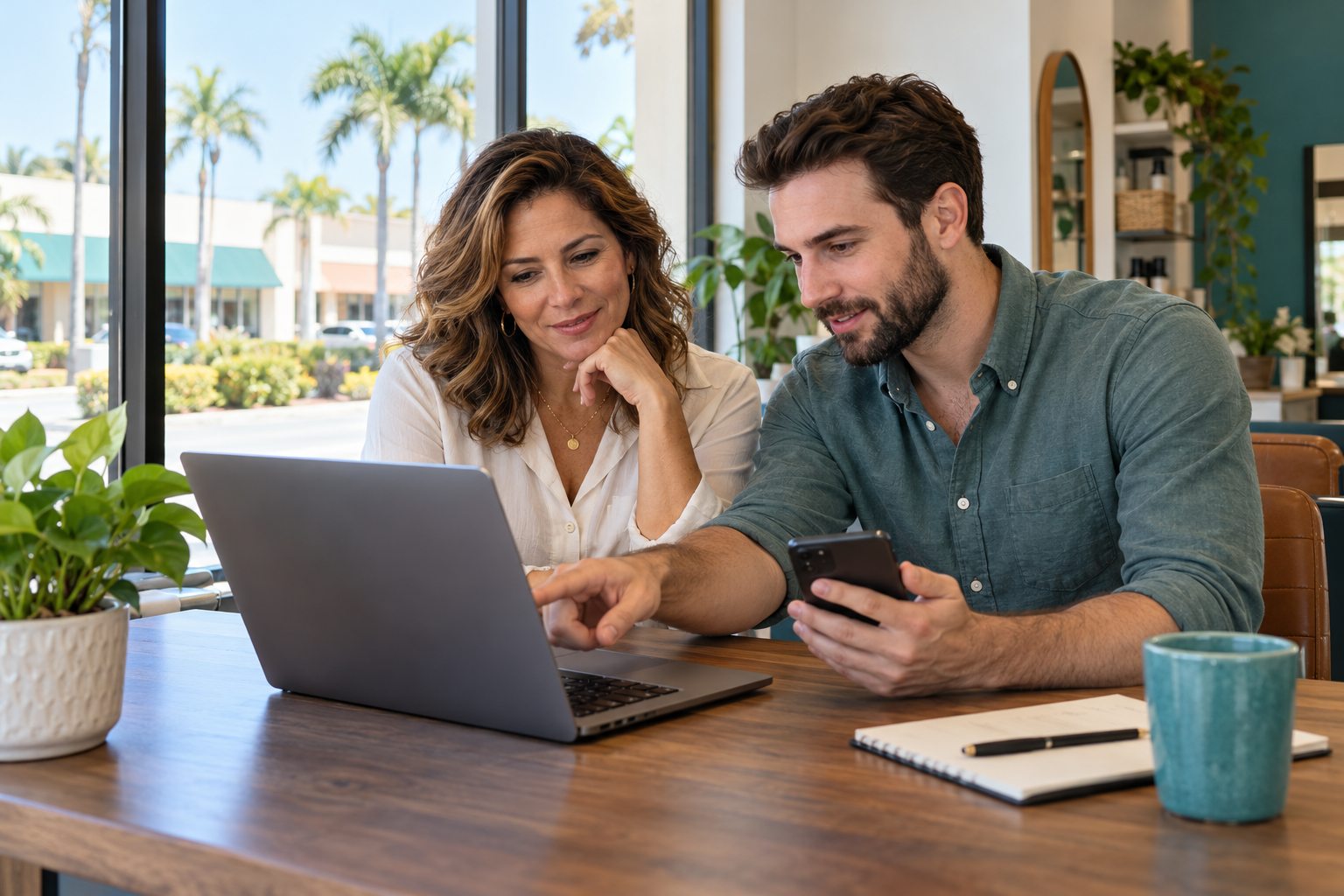 Business owner and marketing strategist reviewing a laptop and phone in a sunlit office