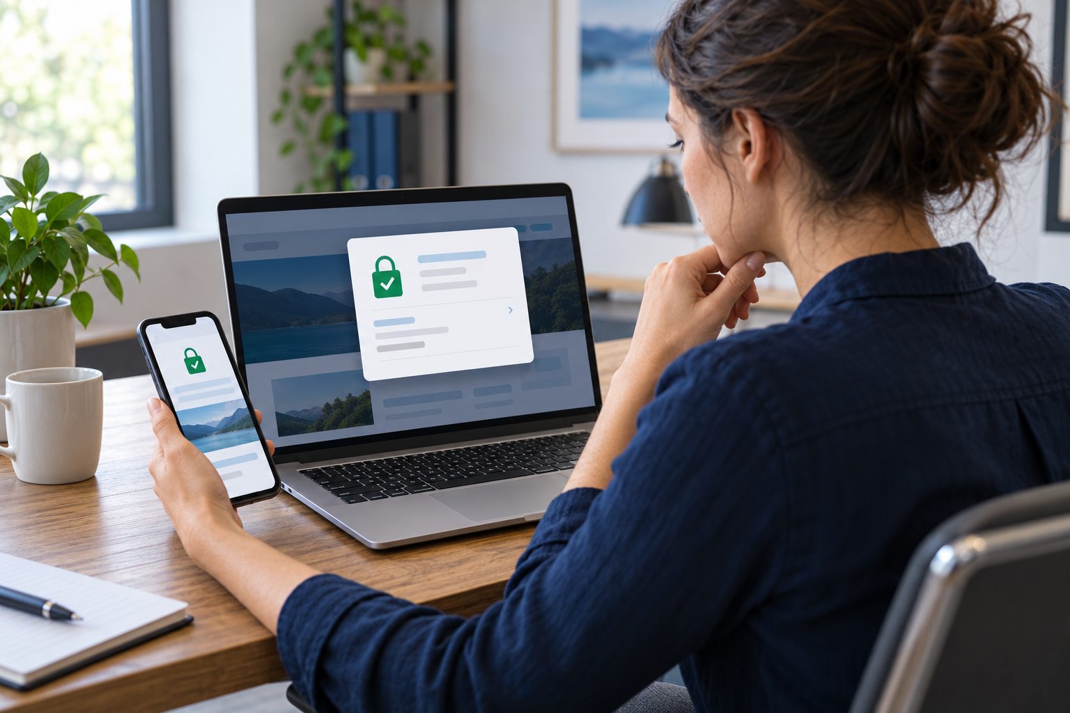 Small-business website administrator checking an SSL certificate status on a laptop