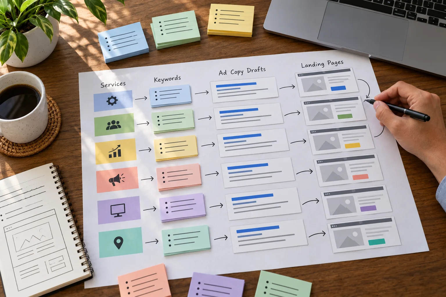 Campaign planning worksheet mapping service themes to keyword groups, ad drafts, and destination pages
