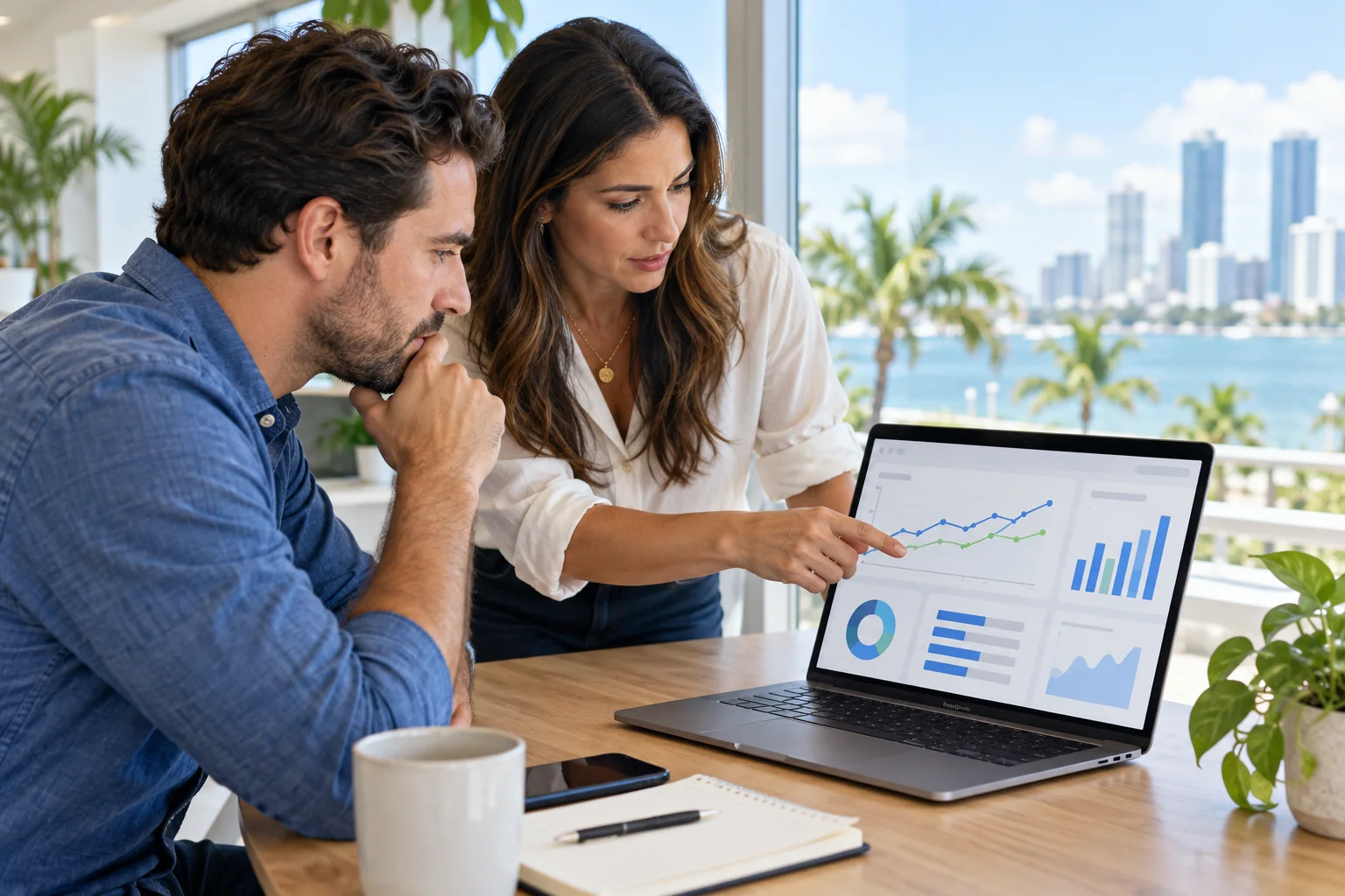 Small-business owner and strategist reviewing an unlabeled search performance dashboard