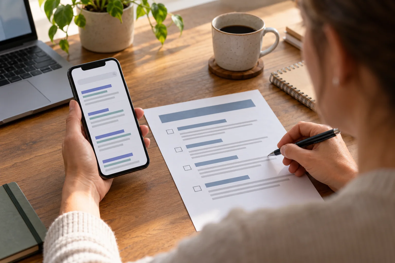 Business owner checking a generic mobile search listing beside a page-review checklist