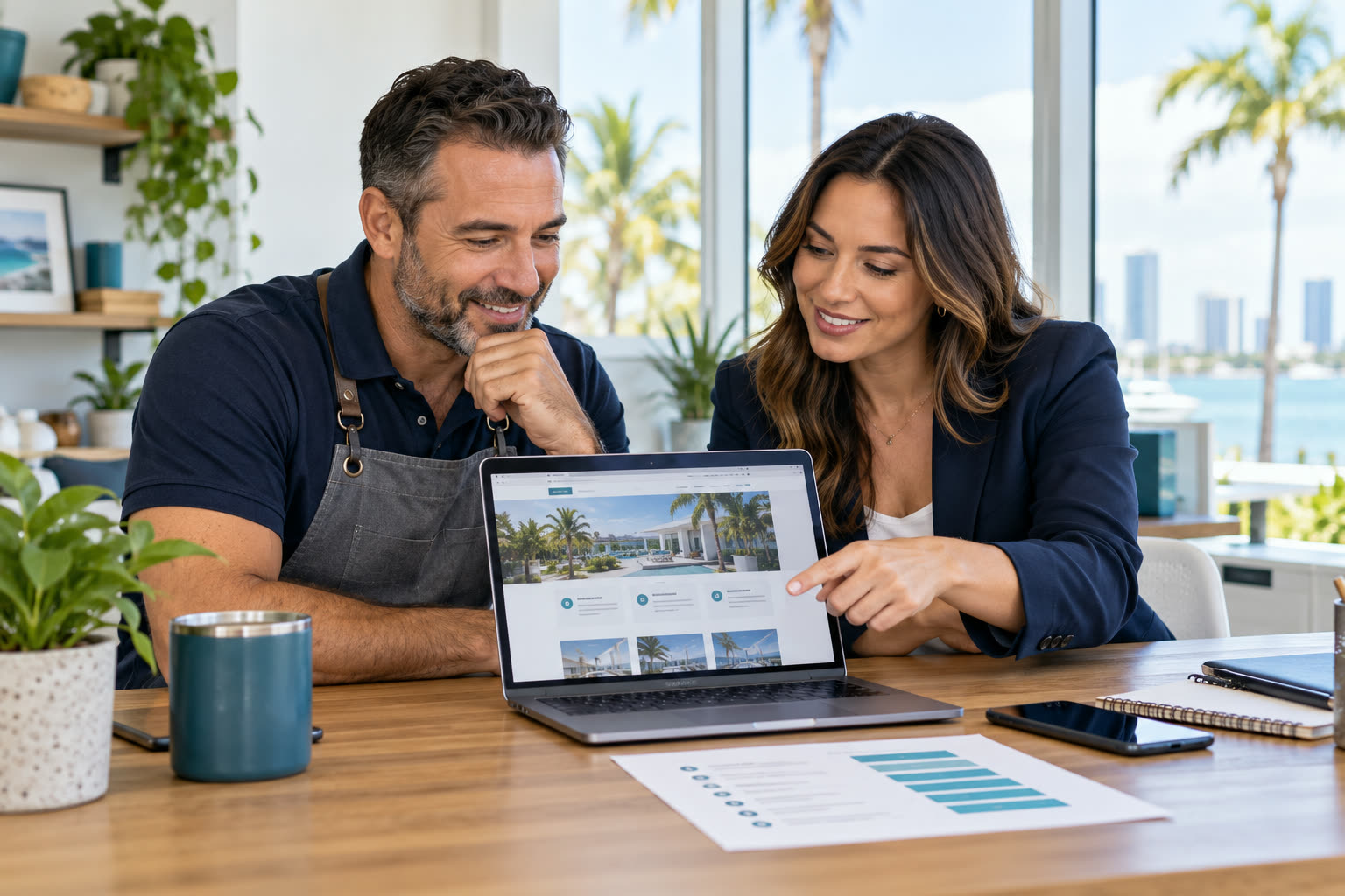 Local business owner and web strategist reviewing an updated website together