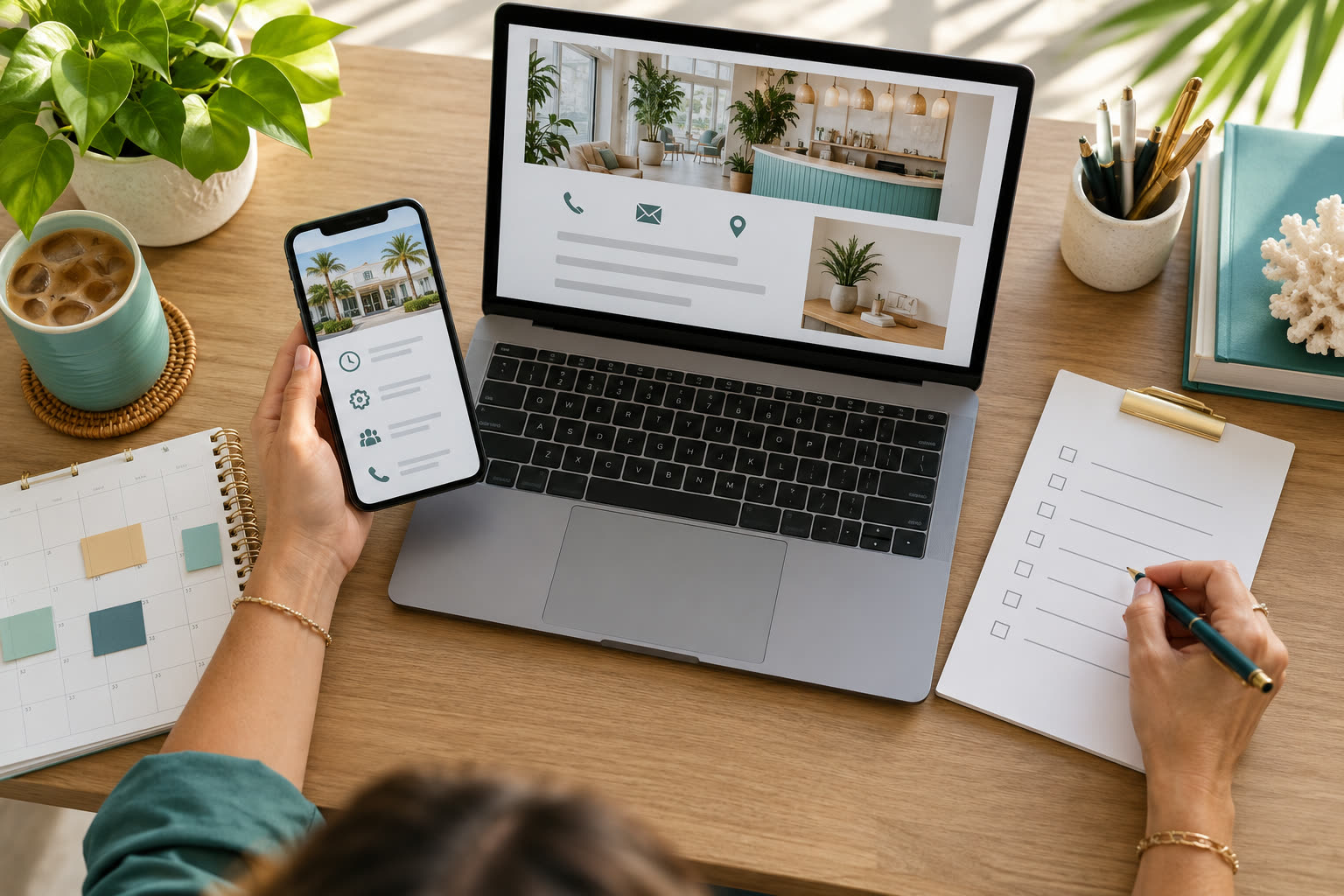 Small-business owner checking a website update checklist beside a phone and laptop