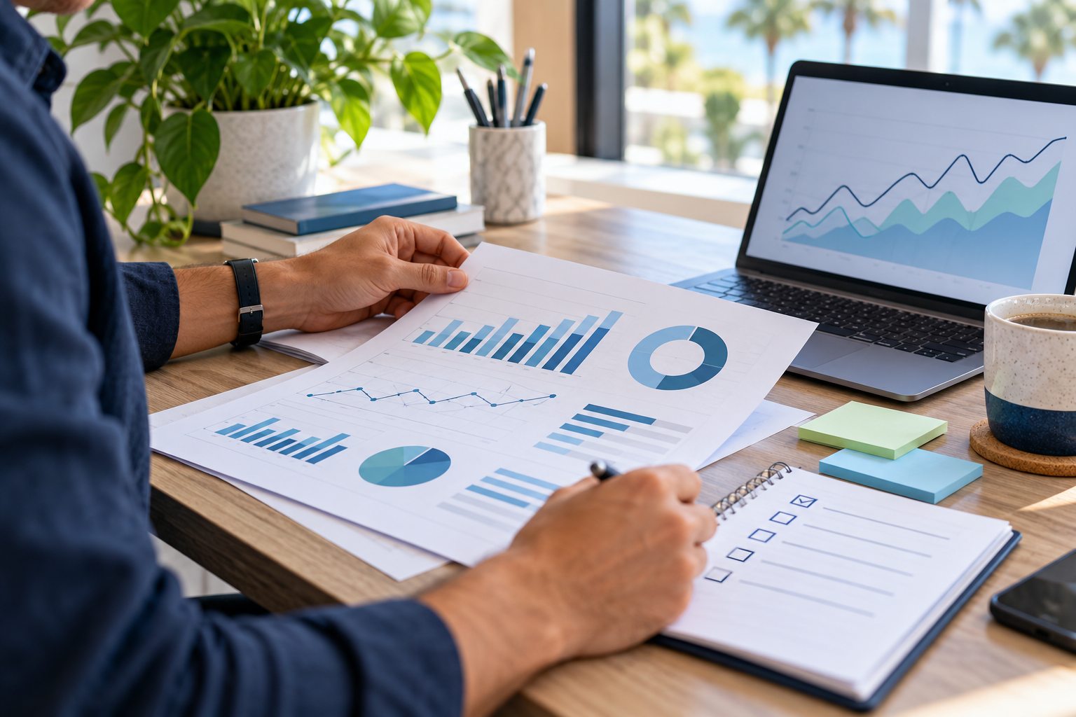 Small-business owner reviewing a monthly report and organizing a short prioritized action list