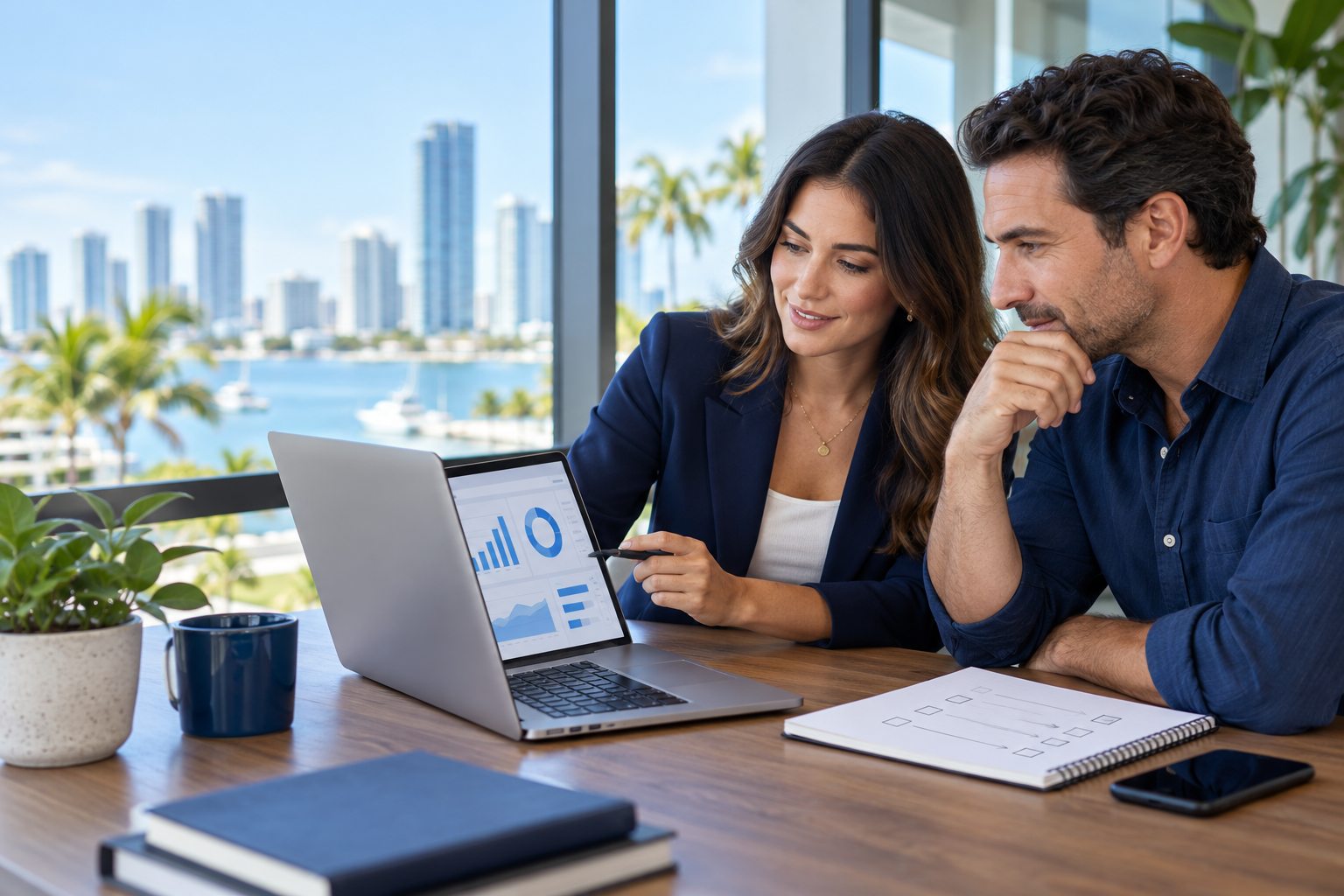 Small-business owner and marketing consultant reviewing an abstract monthly marketing dashboard