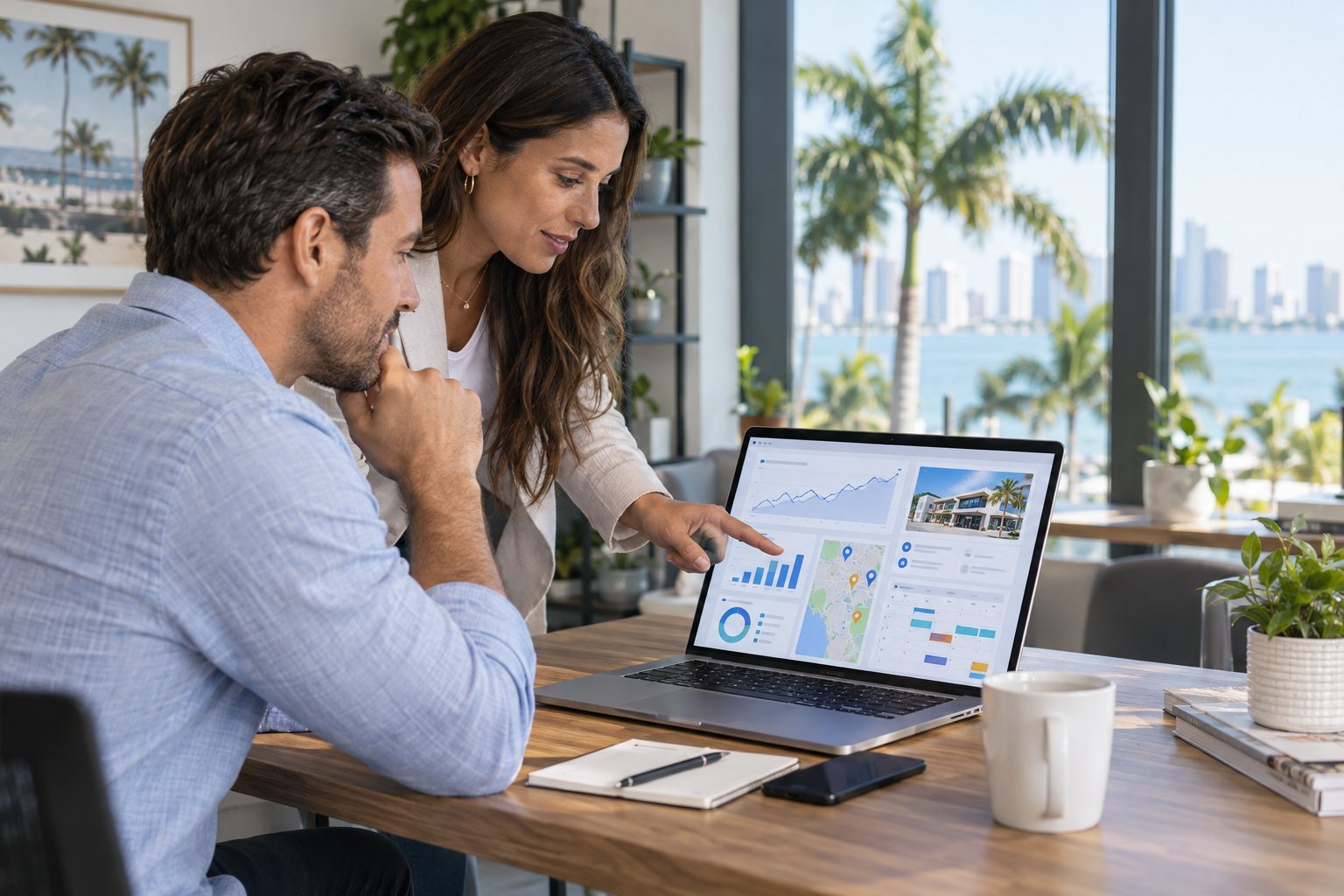 Business owner and marketing professional reviewing monthly SEO and local profile reporting