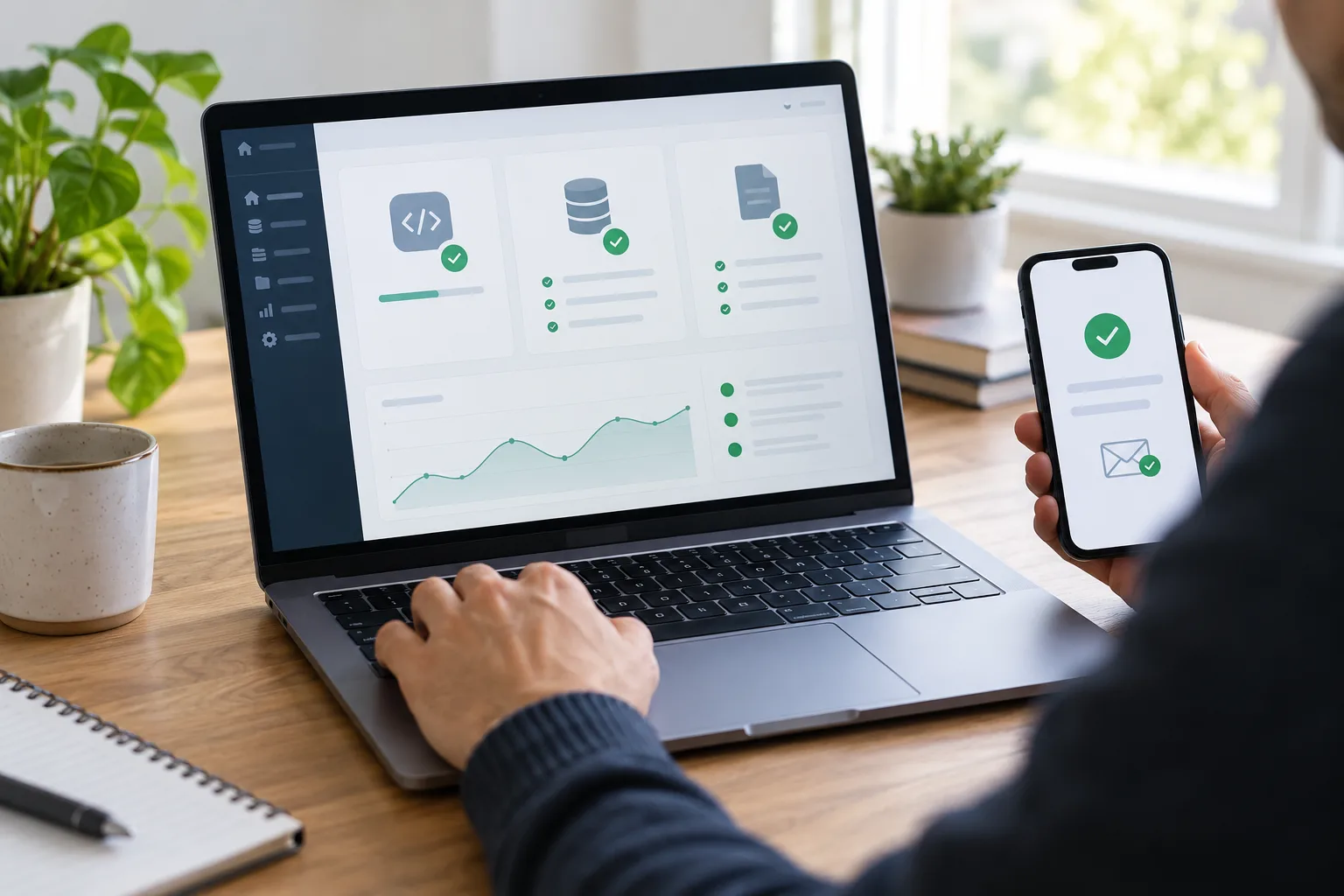 Website administrator checking a server update, backup status, and contact form on a laptop and phone