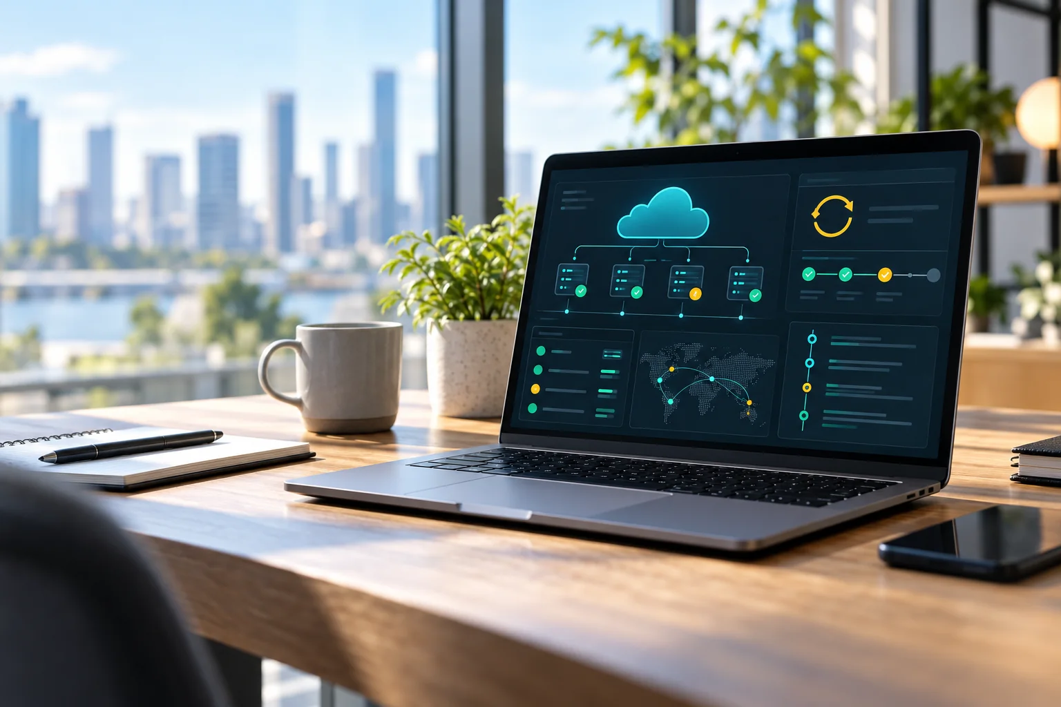 Cloud operations dashboard with service nodes and a credential-rotation checklist