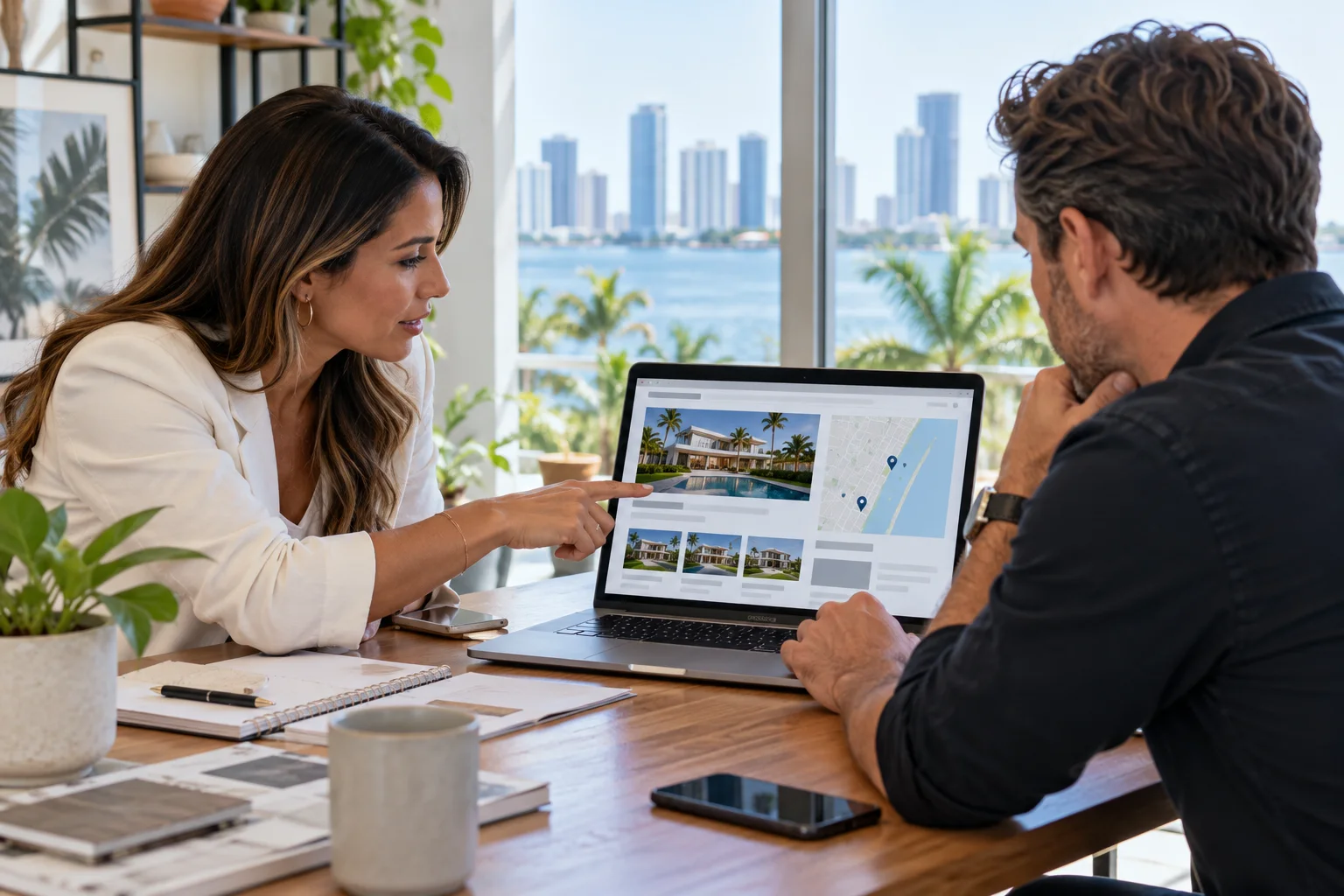 Real estate professional and web designer planning a property listing website