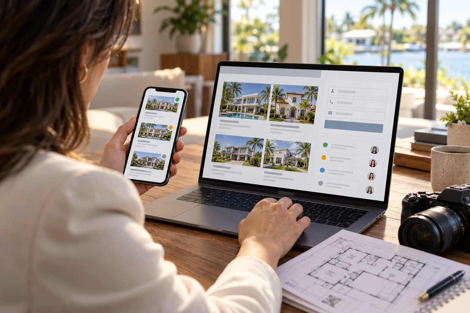 Realtor checking a property inquiry flow across a website on a laptop and phone