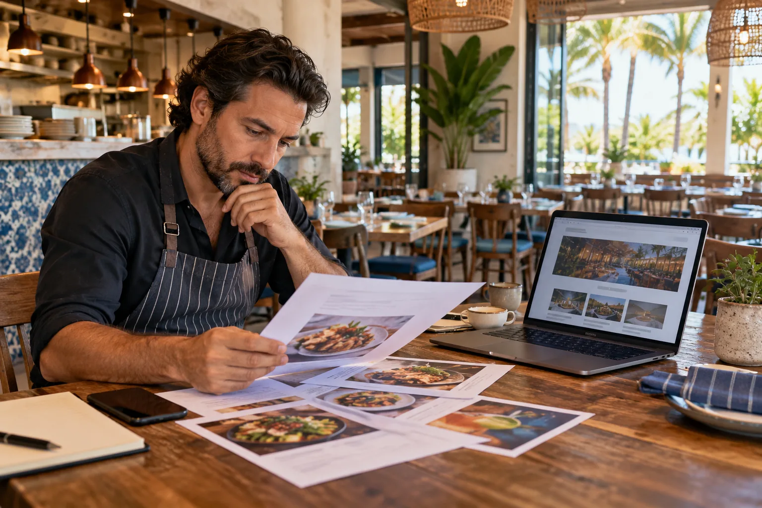 Restaurant owner reviewing menu pages and a website layout