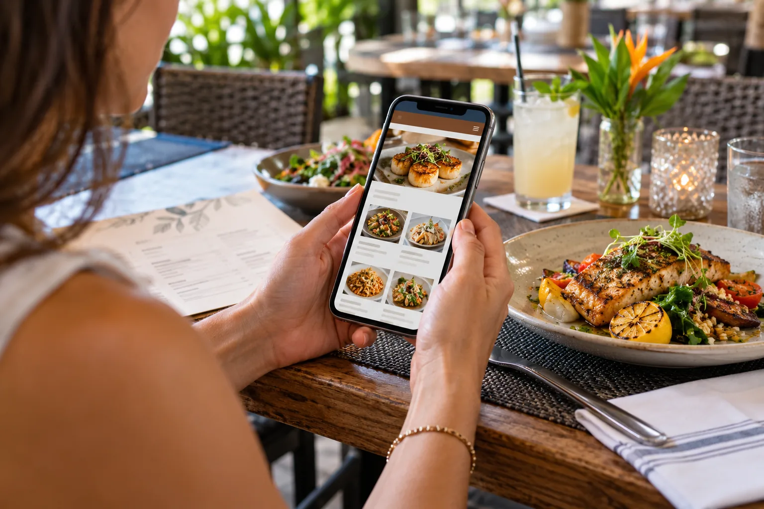 Guest viewing a restaurant menu website on a phone beside a meal