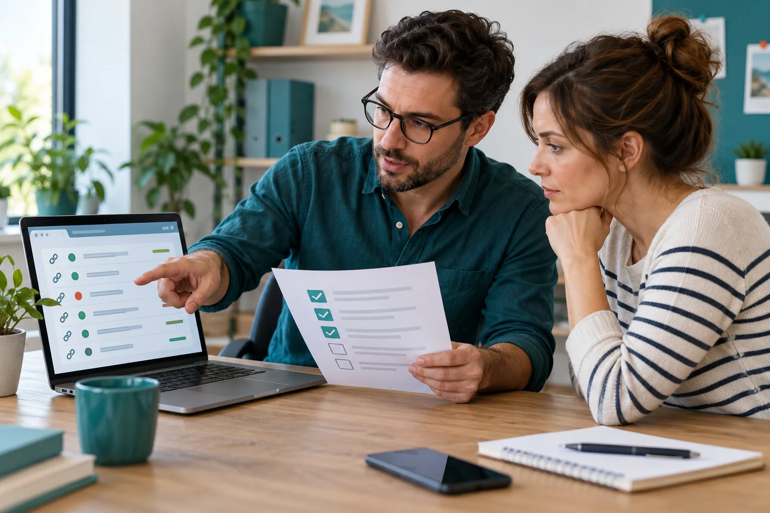 Small-business owner and web consultant reviewing website URL status rows and a technical checklist