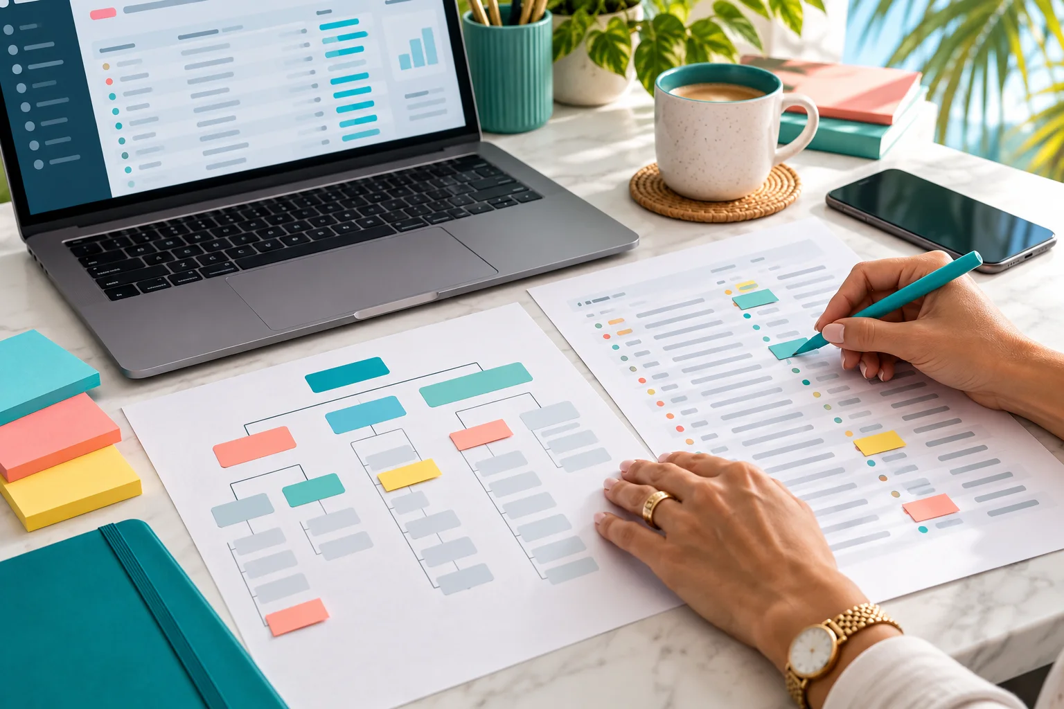 Web professional reviewing a printed website URL inventory and sitemap flow beside a laptop