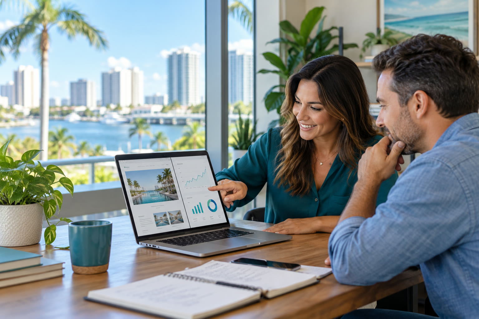 Broward small business owner and web designer reviewing a website and marketing dashboard