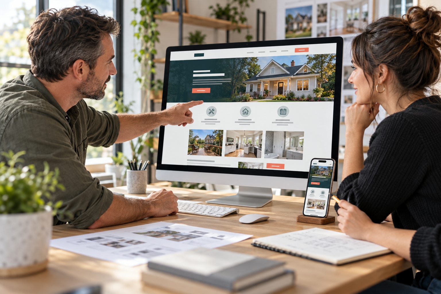 Small-business owner and web designer reviewing a website mockup on desktop and mobile