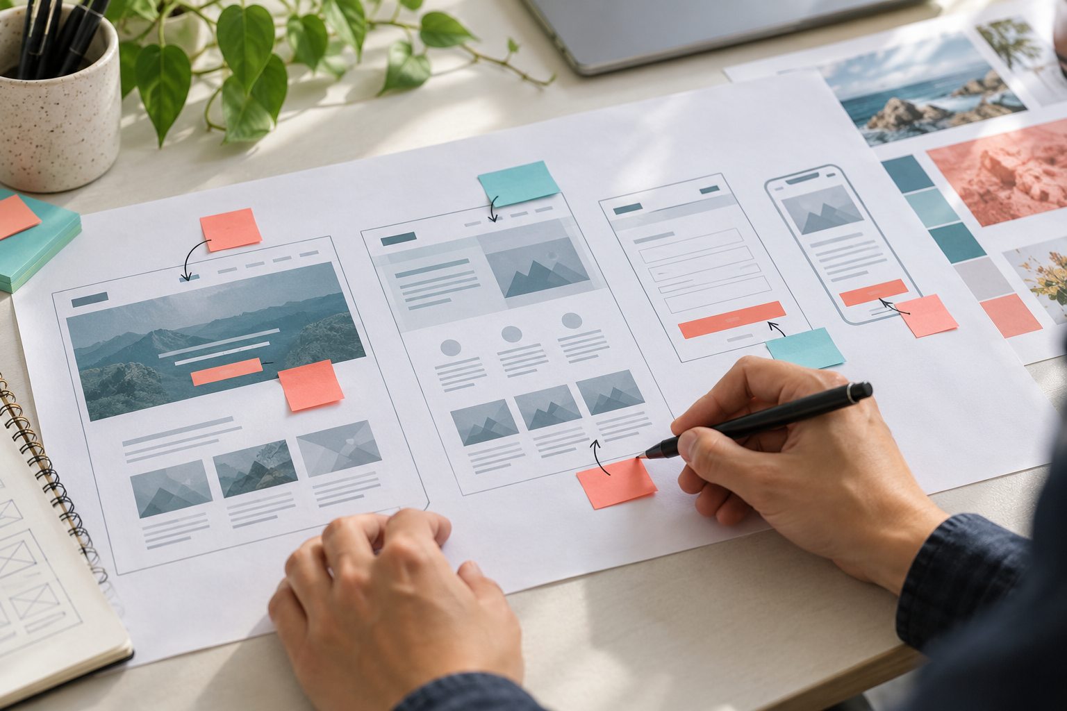 Printed desktop and mobile website wireframes marked up for navigation, service content, and contact actions